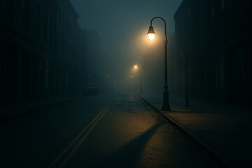 Mysterious foggy street with glowing lampposts at night