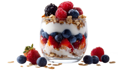 A nutritious breakfast parfait served in a clear glass featuring layers of creamy yogurt a medley of fresh berries and a topping of crunchy granola.