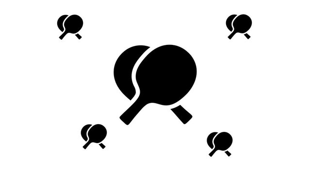 Zoom in and out animation the crossed ping pong rackets symbol. Large black symbol in the center and four small symbols around. Seamless looped 4k animation on white background