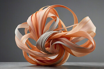 Swirling ribbons of peach and grey abstract sculpture