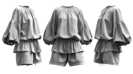 A detailed studio presentation showcasing three distinct perspectives of a classic white blouse highlighting both the top and bottom sections for a comprehensive garment overview.