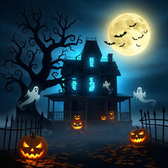 Spooky Halloween Graveyard Scene with Jack-o'-Lantern and Ghosts