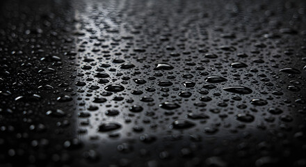 A visually striking macro photograph showcasing water droplets on a dark, reflective surface, creating a sense of depth and texture with dynamic lighting and blurred background elements.