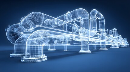 Vibrant 3D wireframe blueprint-style rendering of a complex system of industrial pipes and joints, glowing blue against a solid blue background.
