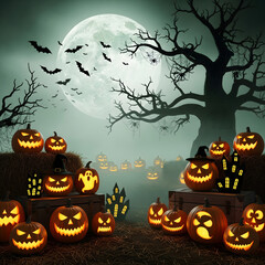 Spooky Halloween Graveyard Scene with Jack-o'-Lantern and Ghosts