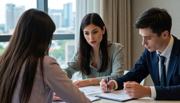 Three professionals in a business meeting discussing documents and signing an agreement at a table - Powered by Adobe