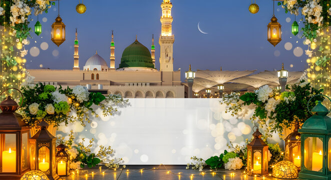 Milad un Nabi Maulid or Mawlid al Nabi islamic background banner with Madina skyline holy mosque glowing lantern