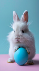 Obraz premium A fluffy white bunny poses adorably with its paws on a blue speckled Easter egg, set against a charming pink and blue pastel background. The minimal, soft-toned setting enhances the bunny's cuteness