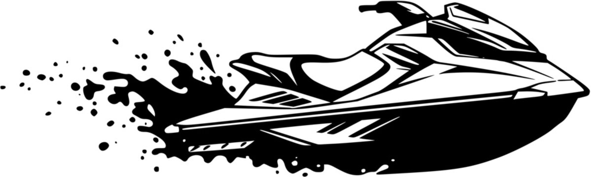 An energetic vector logo jet ski stencil art with a large splash effect
