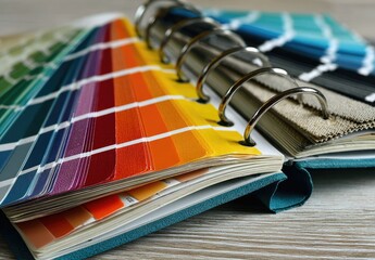Open color and fabric swatch book, showing various shades and textures