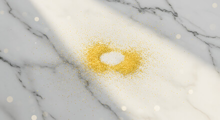 Abstract composition featuring golden glitter dust arranged in a circular shape on a light marble surface, illuminated by a soft, diffused light that creates subtle bokeh effects and a sense of