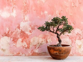 Beautiful wabi-sabi style photo of a delicate bonsai tree in a rustic terracotta pot, standing against a textured, painterly pink and white wall.