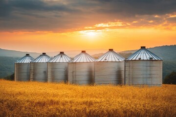 Obraz premium Corn is stored in grain silos located in fields at sunset as part of industrial agriculture infrastructure