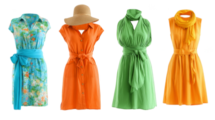 A vibrant collection of four elegant dresses each showcasing a unique and beautiful color palette displayed side by side in a well lit studio setting for a fashion presentation.