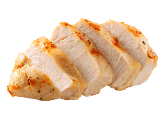 Close-up of perfectly cooked and seasoned sliced chicken breast, showcasing its tender texture and golden sear isolated on a transparent background