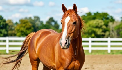 Fototapeta premium A beautiful chestnut horse with a white blaze stands in a sunny outdoor arena with a white fence