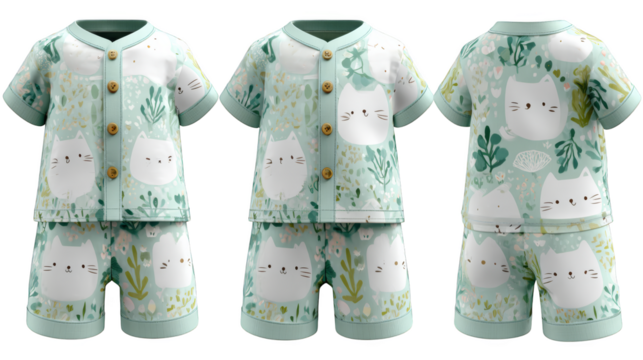 Adorable and charming sleepwear set featuring a delightful feline companion playfully surrounded by a vibrant and colorful garden of blooming flowers and botanical elements.
