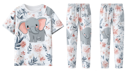 A comfortable and stylish matching set of elephant themed pajamas and a casual t shirt perfect for lounging or a good night's sleep. The sleepwear features a playful animal print.