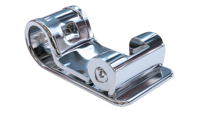 Shiny metal sewing machine presser foot for hemming fabric isolated on transparent background