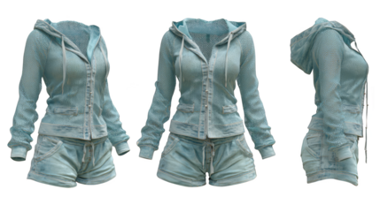 A comprehensive apparel design showcase presenting a woman's stylish jacket from three distinct angles a front view a back view and a detailed side profile for retail or fashion concepts.
