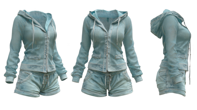 A comprehensive apparel design showcase presenting a woman's stylish jacket from three distinct angles a front view a back view and a detailed side profile for retail or fashion concepts.