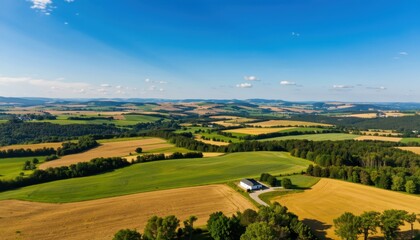 Obraz premium Aerial view of a vast agricultural landscape with fields, forests, and a house under a blue sky