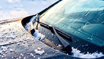 Closeup of a car windshield with snow and ice on the wipers and glass during winter