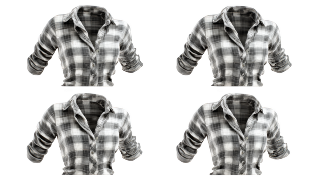 A versatile collection of four classic long sleeved plaid flannel shirts for casual wear showcasing a variety of checkered and tartan patterns in different color combinations.