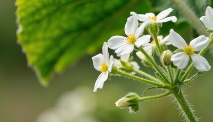 Closeup of delicate white flowers with green leaves and a soft blurred background