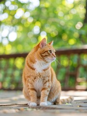 Fototapeta premium An adorable orange tabby cat sitting outdoors with a blurred green background and bokeh effect
