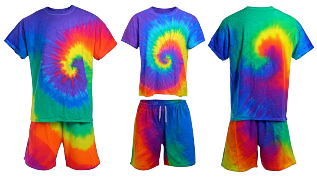 A vibrant and colorful tie dye t shirt and matching shorts set showcasing a beautiful swirl pattern with bright psychedelic colors perfect for a summer festival or casual wear.