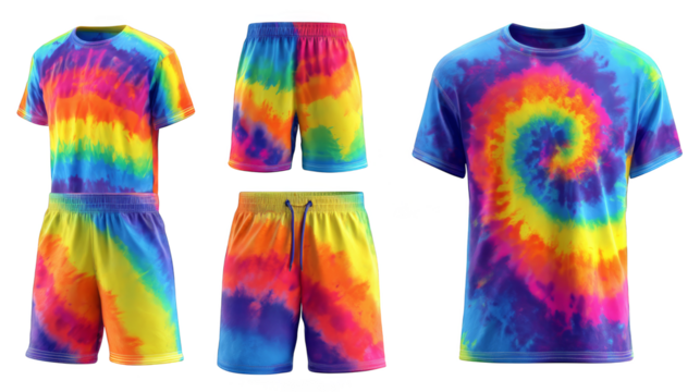 Vibrant Tie-Dye Apparel Including T-shirts and Shorts.