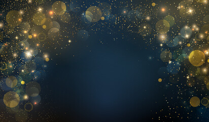 Shiny Festive Background. Abstract Gold Glitter Background. Bokeh and Confetti Design Element for Merry Christmas and Happy New Year Banner, Poster, Website Congratulations. Holiday Party BG.