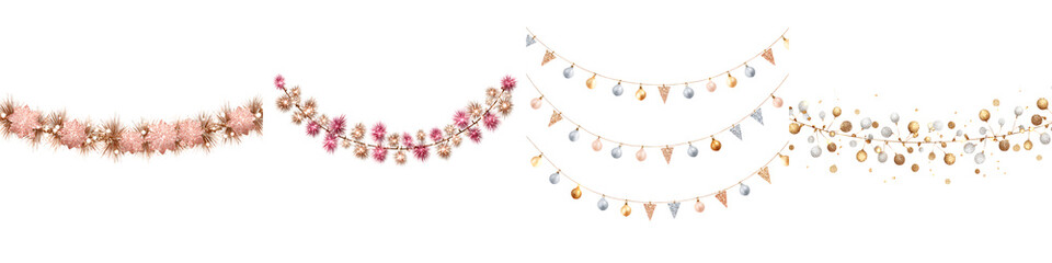 Festive Garland Collection - Pink, Silver, Gold Decorations Isolated on White