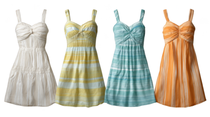 A vibrant collection of four elegant formal gowns displayed in a row showcasing a beautiful spectrum of colors including bold red sunny yellow and rich blue each a unique statement piece.