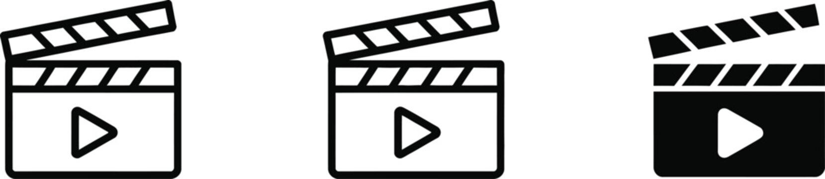 Film Clapper Board Icon Set in Outline and Solid Style on Transparent Background