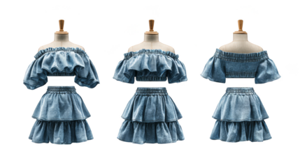 A detailed studio presentation of a contemporary garment from multiple angles showcasing the front side and back views on a simple elegant display form against a clean background.