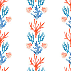 Seamless pattern with corals and seashell. Watercolor ocean design with vertical reef elements on white background. Ideal for textile, summer decor, and coastal themes.