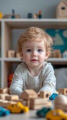 A small child with light hair plays with wooden toys: children's blogs, articles on parenting, advertisements for eco-friendly toys.