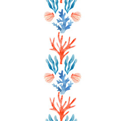 Seamless border with corals and seashell. Watercolor ocean design with vertical reef elements on white background. Ideal for textile, summer decor, and coastal themes.