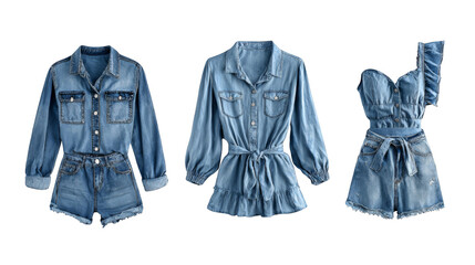 A beautifully arranged display of three unique contemporary denim dresses each piece thoughtfully accessorized with its own stylish belt showcasing versatile modern casualwear fashion.