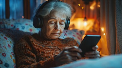An elderly woman with gray hair wearing headphones and a sweater enjoys music on her smartphone in a warm home atmosphere, useful for articles about comfort and technology for the older generation.