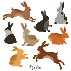 Cute rabbits flat icon set. Bunny different poses isolated on white background. Happy Easter character drawing, fur animals, hare concept logo, farm funny pets. Mid autumn festival