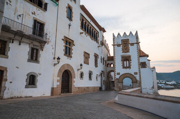 Sitges city hall building showing traditional catalan architecture at dawn