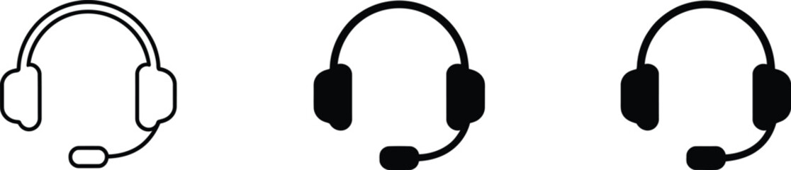 Headphone Icon Set, Customer Service Headset in Outline and Solid Style with Transparent Background