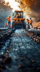 Construction equipment and workers repairing roads, bright lighting and a cloud of dust.
Useful in articles about construction, news about road repairs, presentations by construction companies.