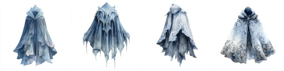 Fantasy Winter Cloaks and Capes in Watercolor Illustration Featuring Ice and Snow Elements for Magical or Mythical Themed Projects