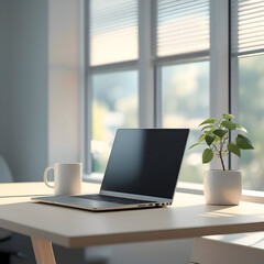 A minimalistic workspace with a laptop, white coffee mug, and a small plant on a desk, placed beside a large window with sunlight streaming in.