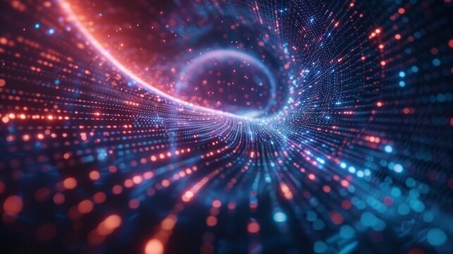 An abstract digital background with glowing lines and particles creates the effect of a portal into a futuristic space, suitable for designing high-tech presentations and science fiction covers.