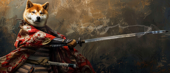 Abstract background with texture: stylized Shiba Inu in samurai armor and with a sword. Suitable for creative projects, design, illustrations, and pop culture themes.